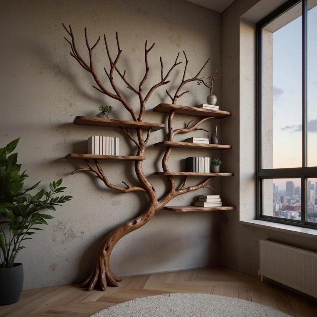 Corner Driftwood Tree Branch Solid Wood Bookshelf Wall Mount