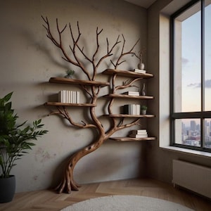 Könnte beinhalten: Einzigartiges, baumförmiges Bücherregal aus Holz. Die Regale sind aus Holz gefertigt und so angeordnet, dass sie Ästen ähneln. Bücher und kleine Pflanzen sind auf den Regalen ausgestellt. Das Bücherregal steht vor einer neutralfarbenen Wand.