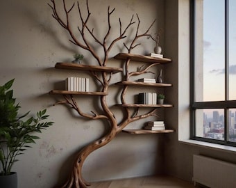 Corner driftwood tree branch solid wood bookshelf wall mount floating live edge furniture decoration