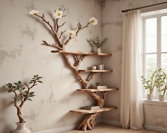Floor bookshelf driftwood branch floating corner shelf wall mounted with fake flowers handmade furniture decor