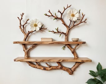 Natural driftwood shelf tree branch bookcase art solid wood bookshelf art wall mount bookshelf decor