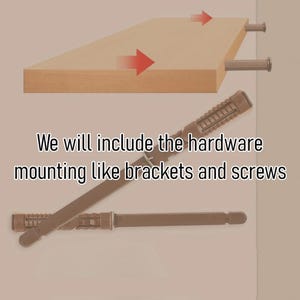 Puede incluir: Primer plano de soportes y tornillos de metal marr&oacute;n utilizados para montar un estante. Los soportes est&aacute;n dise&ntilde;ados para fijarse a una pared y el estante se coloca encima de los soportes. Los tornillos se utilizan para asegurar los soportes a la pared.