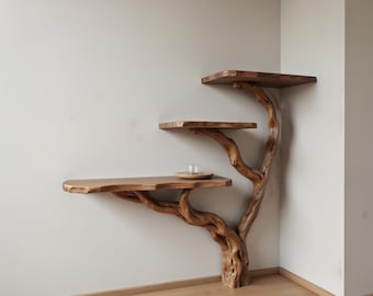 Mesa consola de madera flotante con estante de rama de árbol, escritorio rústico de madera maciza hecho a mano, estante flotante único para entrada