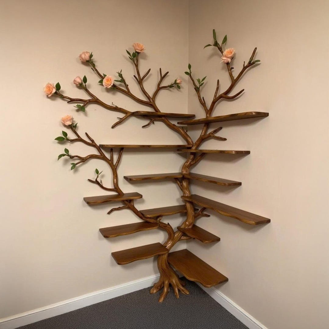 Corner Driftwood Tree Bookshelf Wall Mount Solid Wood Scupltured ...