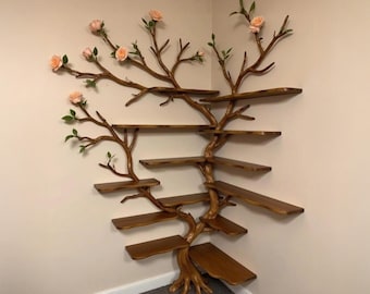 Estantería de esquina de madera flotante con forma de árbol, montaje en pared, de madera maciza, esculpida, para decoración de muebles de madera.