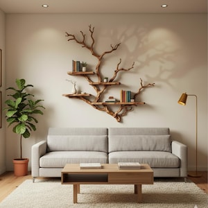 May include: A living room scene featuring a light gray sofa, a wooden coffee table, and a tree-shaped wall shelf. The shelf holds books and small plants. A floor lamp and a potted plant add to the decor. The room has a neutral color palette.