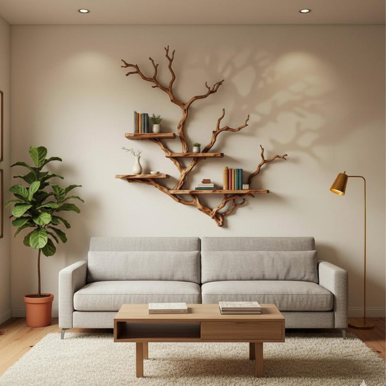 May include: A living room scene featuring a light gray sofa, a wooden coffee table, and a tree-shaped wall shelf. The shelf holds books and small plants. A floor lamp and a potted plant add to the decor. The room has a neutral color palette.