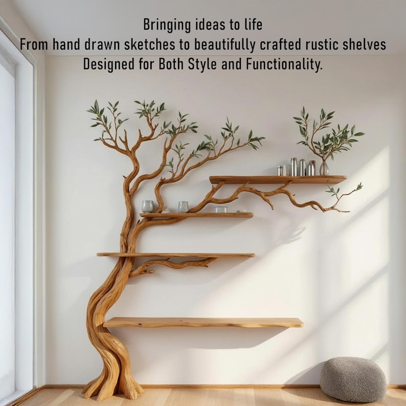 K&ouml;nnte beinhalten: Einzigartiges, holzf&ouml;rmiges Regal in Baumform mit mehreren Regalb&ouml;den. Die Regale sind aus hellem Holz gefertigt und an einem geformten Baumstamm befestigt. Das Design enth&auml;lt den Text: "Bringing ideas to life...Designed for Both Style and Functionality."