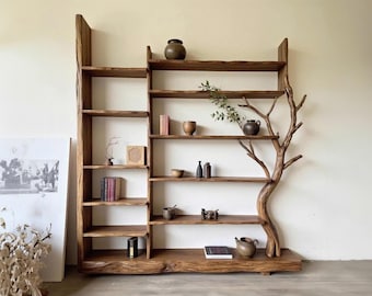 Handmade tree branch bookshelf solid wood live edge furniture display shelf bookcase decoration