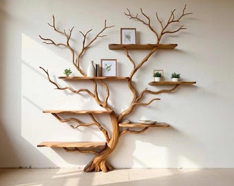 May include: A wooden tree-shaped wall shelf with multiple shelves and branches. The shelves hold small potted plants, framed pictures, and decorative items. The natural wood finish and tree design create a unique and artistic storage solution.