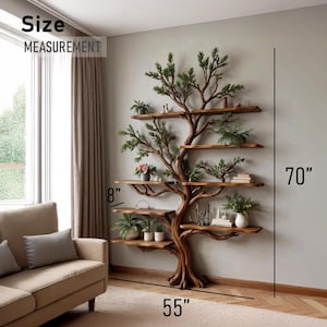 May include: A wooden tree-shaped wall shelf, 70 inches tall and 55 inches wide, with multiple shelves and faux greenery. The shelves are 8 inches deep and display potted plants and decorative items. The shelf is a unique home decor piece.