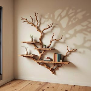 May include: A unique wooden tree-shaped wall shelf with multiple shelves. The shelves are made of natural wood and are supported by branches. Small plants and books are displayed on the shelves. The shelf is mounted on a white wall.