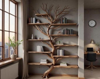 May include: A unique wooden bookshelf in the shape of a tree, with multiple shelves holding books. The tree-shaped structure is a light brown color, and the shelves are filled with various books. The bookshelf is placed against a gray wall, with a window and a desk visible in the background.