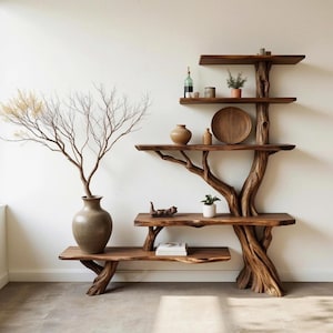 Puede incluir: Estantería de madera artesanal con diseño de árbol. Los estantes son de madera natural y están dispuestos en forma escalonada. La unidad está adornada con objetos decorativos, incluyendo jarrones, plantas y un plato de madera. La estética general es rústica y orgánica.