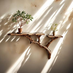 May include: A unique, handcrafted wooden shelf with a tree branch design. The shelf holds two small potted plants with green foliage. The shelf is mounted on a light-colored wall, with shadows from sunlight creating a natural aesthetic.