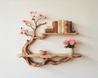 Handcrafted driftwood shelf natural tree bookshelf wall mount solid wood bookcase for living spaces decor