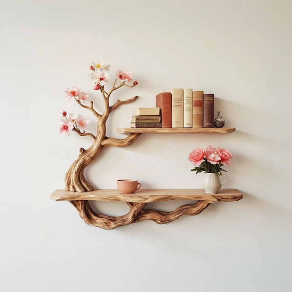 Handgefertigtes Treibholz Regal Naturbaum Bücherregal Wand Massivholz Bücherregal für Wohnräume Dekor