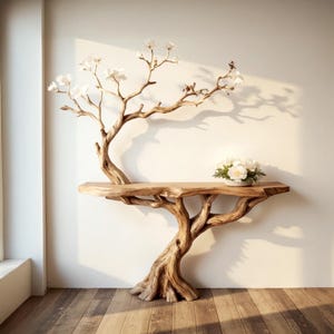 Puede incluir: Una mesa consola de madera con forma de &aacute;rbol con flores blancas. La mesa tiene un acabado de madera natural y un dise&ntilde;o &uacute;nico.