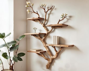 Natural tree bookshelf driftwood branch shelf art solid wood bookshelf floating shelf wall mount bookshelf decor