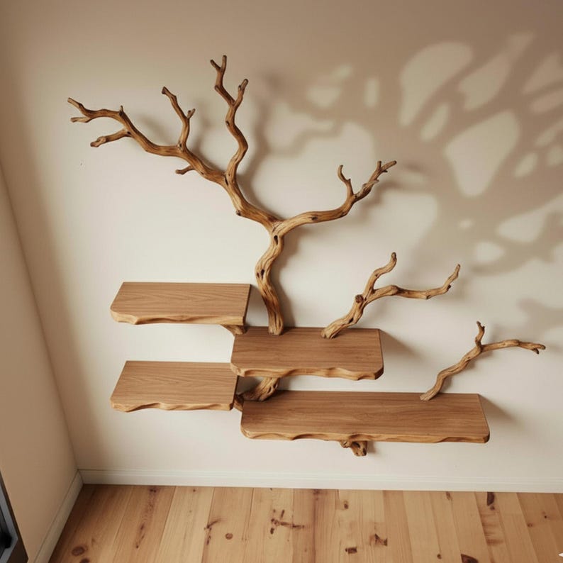 May include: A unique wall-mounted shelf unit featuring a natural tree branch design. The shelves are made of light-colored wood and are supported by a central branch and smaller branches. The unit is mounted on a white wall.