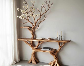 Mesa consola de rama de árbol, mesa auxiliar de madera flotante, mesa de entrada de madera maciza, estantería de árbol, soporte de exhibición, estantería para libros