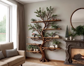 Libreria in legno galleggiante, scaffale con rami d'albero, montaggio a parete, libreria in legno massello, arredamento fatto a mano