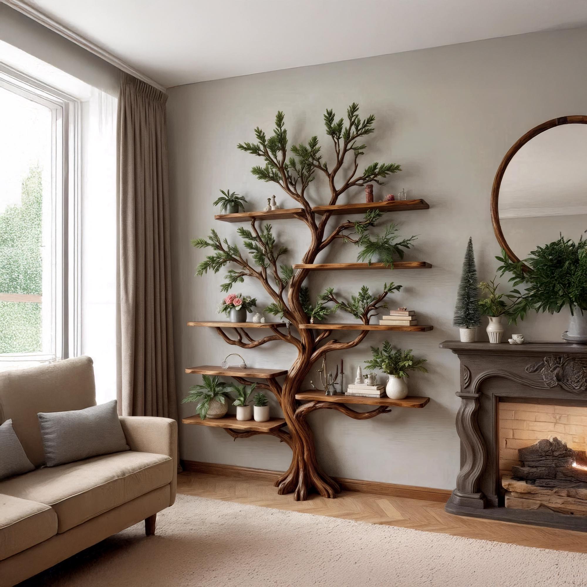 Driftwood Bookshelf Tree Branch Shelf Art Wall Mount Solid Wood