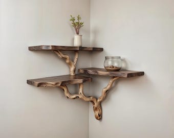 Driftwood corner wall shelf natural solidwood bookshelf art tree bracnh bookshelves unique floating shelves wall mount handmade furniture