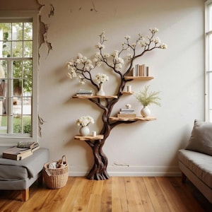 Puede incluir: Una estanter&iacute;a &uacute;nica en forma de &aacute;rbol hecha de madera marr&oacute;n oscuro, montada en una pared blanca. Los estantes contienen libros, jarrones con flores blancas y objetos decorativos. Las ramas del &aacute;rbol est&aacute;n adornadas con flores blancas, creando una exhibici&oacute;n natural y art&iacute;stica.
