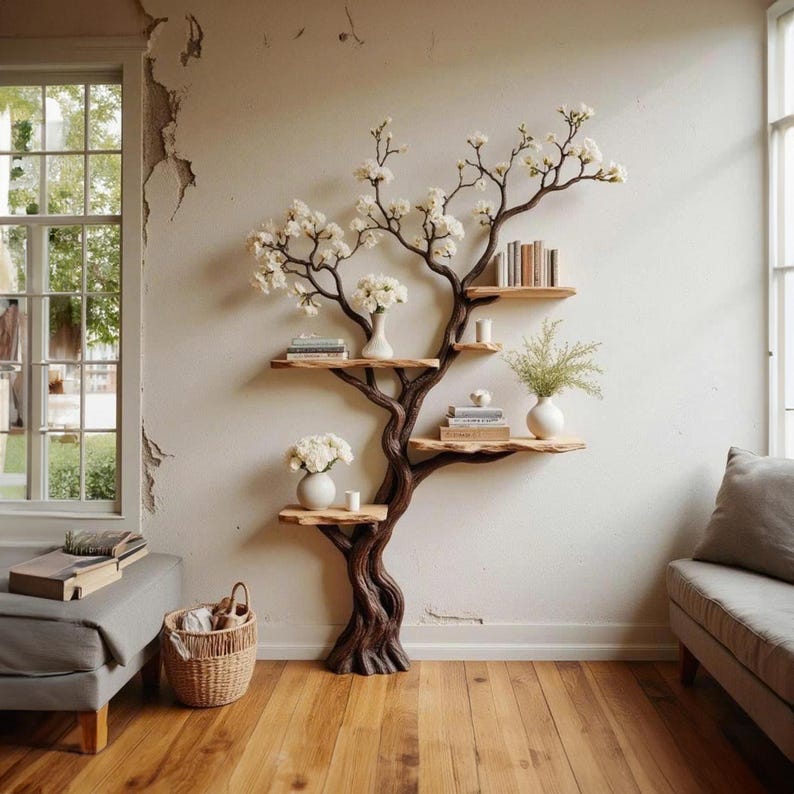 Puede incluir: Una estanter&iacute;a &uacute;nica en forma de &aacute;rbol hecha de madera marr&oacute;n oscuro, montada en una pared blanca. Los estantes contienen libros, jarrones con flores blancas y objetos decorativos. Las ramas del &aacute;rbol est&aacute;n adornadas con flores blancas, creando una exhibici&oacute;n natural y art&iacute;stica.