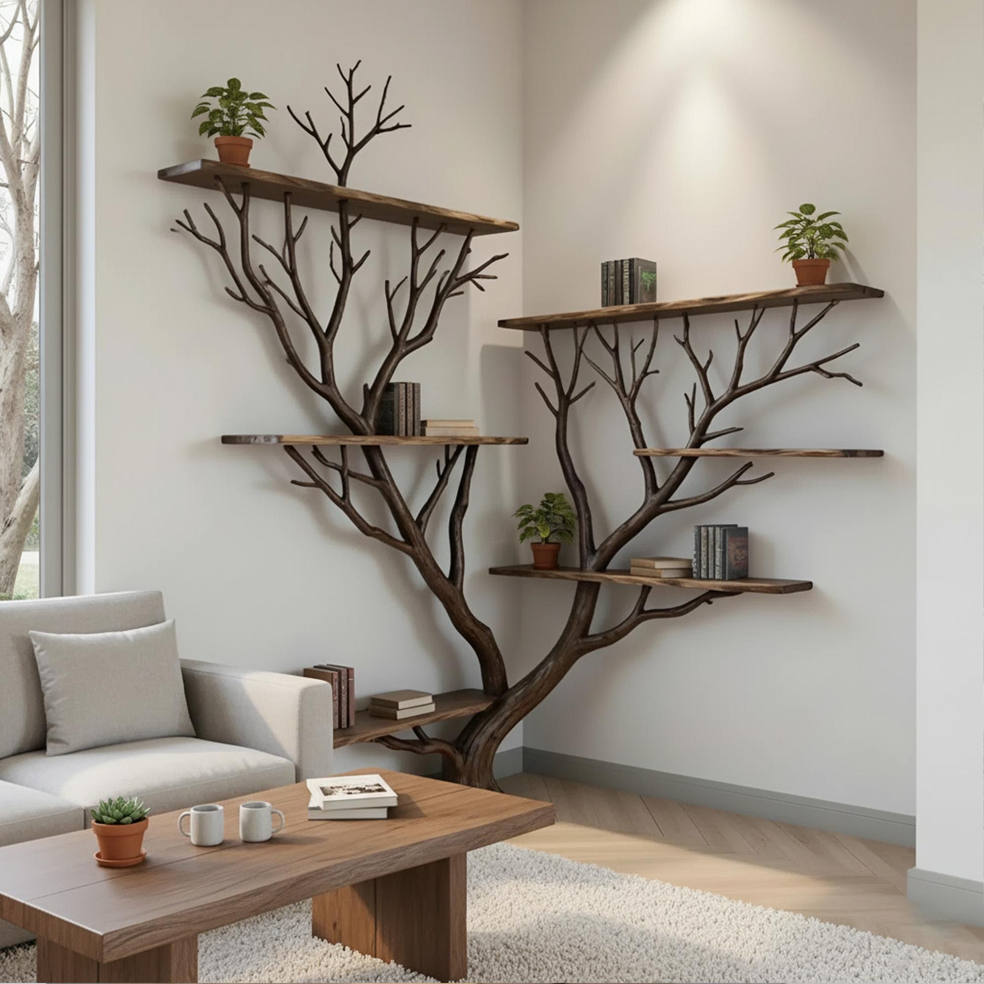 Tree Branch Corner Floating Bookshelf Solid Wood Bookcase Wall Mount ...