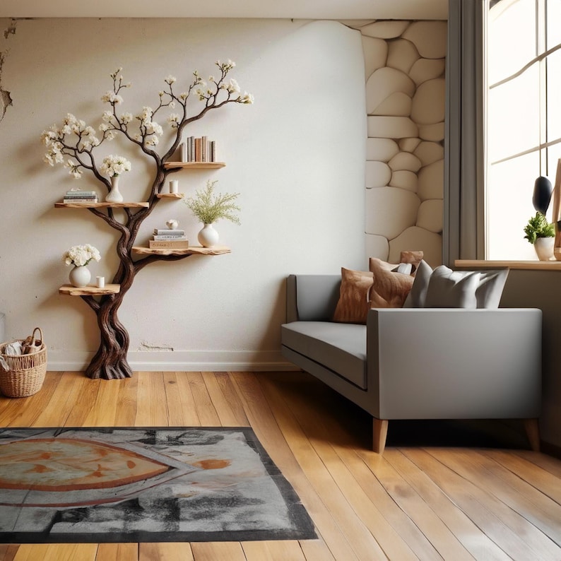 Puede incluir: Un sal&oacute;n con una estanter&iacute;a en forma de &aacute;rbol, estantes de madera y flores blancas. Un sof&aacute; gris con cojines marrones y grises est&aacute; cerca. La habitaci&oacute;n tiene pisos de madera y una alfombra estampada.