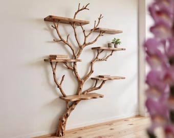 Tree branch bookshelf wall mounted bookcase driftwood shelf solid wood bookshelves art decor