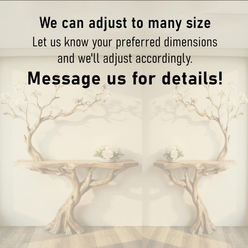 Puede incluir: Dos mesas consola de madera con un dise&ntilde;o de rama de &aacute;rbol. Las mesas est&aacute;n montadas en la pared y tienen un acabado de madera natural. El texto "We can adjust to many size Let us know your preferred dimensions and we'll adjust accordingly. Message us for details!" se muestra sobre las mesas.