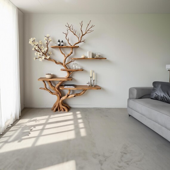Tree Branch Bookshelf Solid Wood Console Table Wall Mount