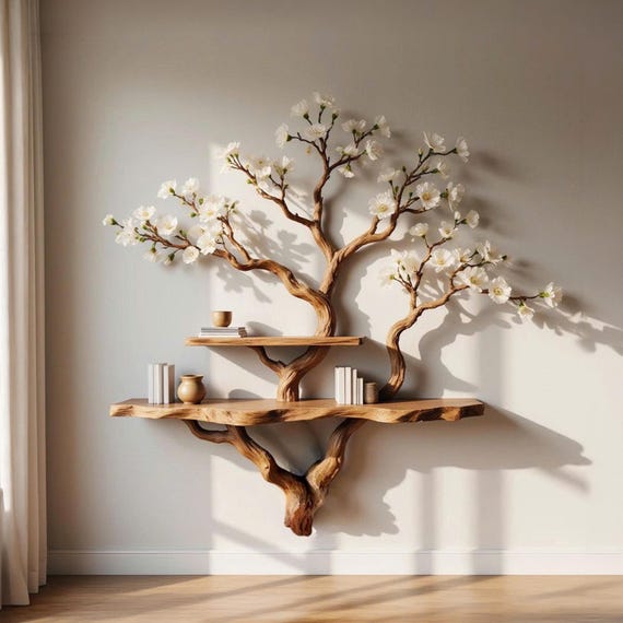 Tree Branch Floating Bookshelf Solid Wood Wall Mount Book Shelf