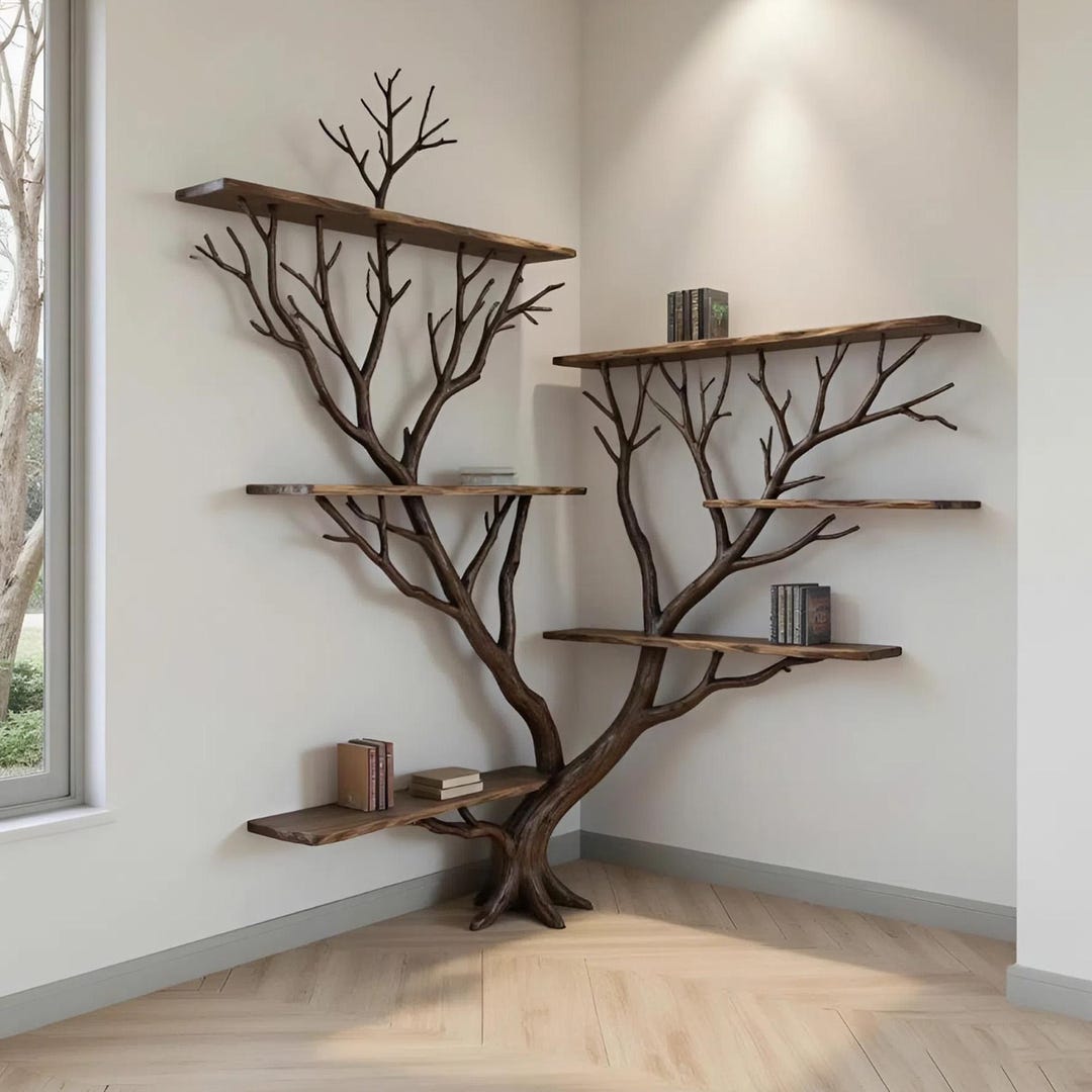 Tree Branch Corner Floating Bookshelf Solid Wood Bookcase Wall Mount ...