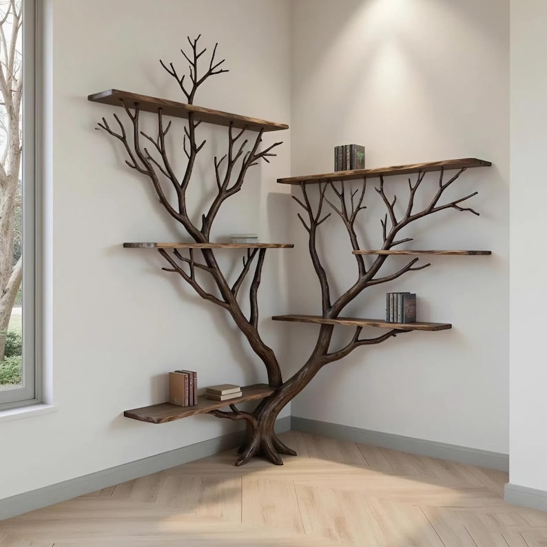 Tree Branch Corner Floating Bookshelf Solid Wood Bookcase Wall Mount ...