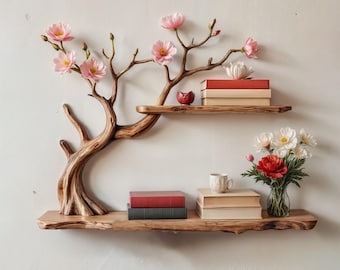 Natural driftwood shelf handcrafted tree bookshelf wall mount rustic solid wood bookcase for entryway space decor
