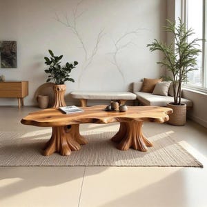 May include: A wooden coffee table with a distinctive tree trunk base. The table has a live edge design and is placed on a neutral-coloured rug. The room features a neutral colour palette with plants and a sofa.