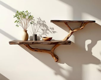 Driftwood floating shelf tree branch wall mount solid wood bookshelf art rustic decor handmade furniture
