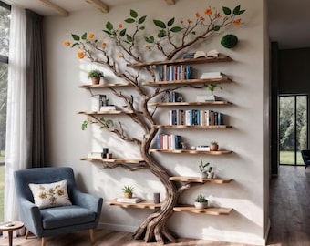 Tree branch book shelf floor bookcase solid wood driftwood shelving wall mounted shelves wood carving art