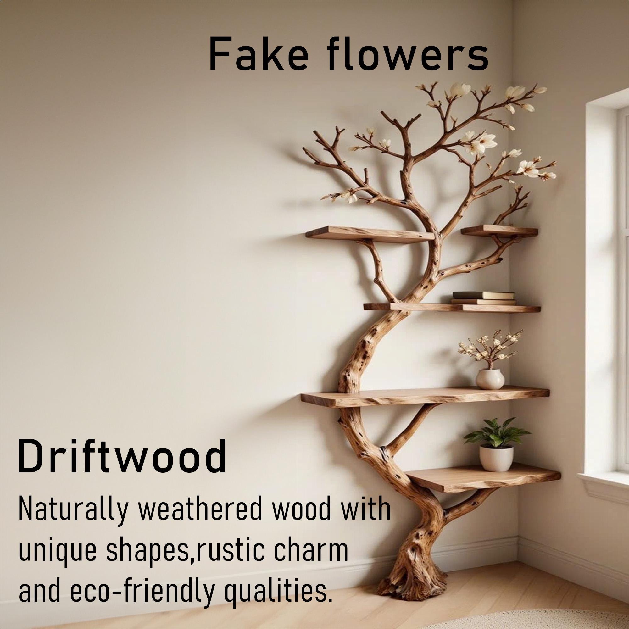 Tree Branch Bookshelf Corner Floating Wood Shelf on Wall Art Driftwood ...