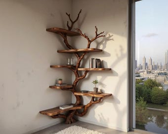 Tree corner bookshelf driftwood branch shelf solid wood bookcase on wall art home decor