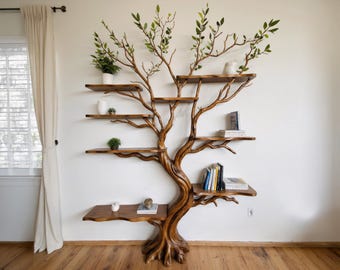 Estante de livros em forma de árvore, galhos de madeira flutuante, prateleira para parede, arte, estante de madeira maciça, decoração exclusiva para sala de estar