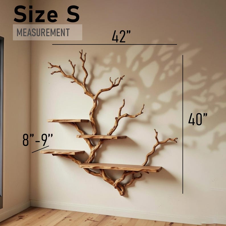 May include: A wooden wall shelf in the shape of a tree with three shelves. The shelf is 42 inches wide and 40 inches tall. The shelves are 8-9 inches deep. The text "Size S" and "MEASUREMENT" are in the top left corner.