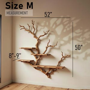 May include: A wooden wall shelf with a tree branch design. The shelf has three tiers and measures 52 inches wide and 50 inches high. The shelves are 8-9 inches deep. The text "Size M" and "MEASUREMENT" are in the top left corner.