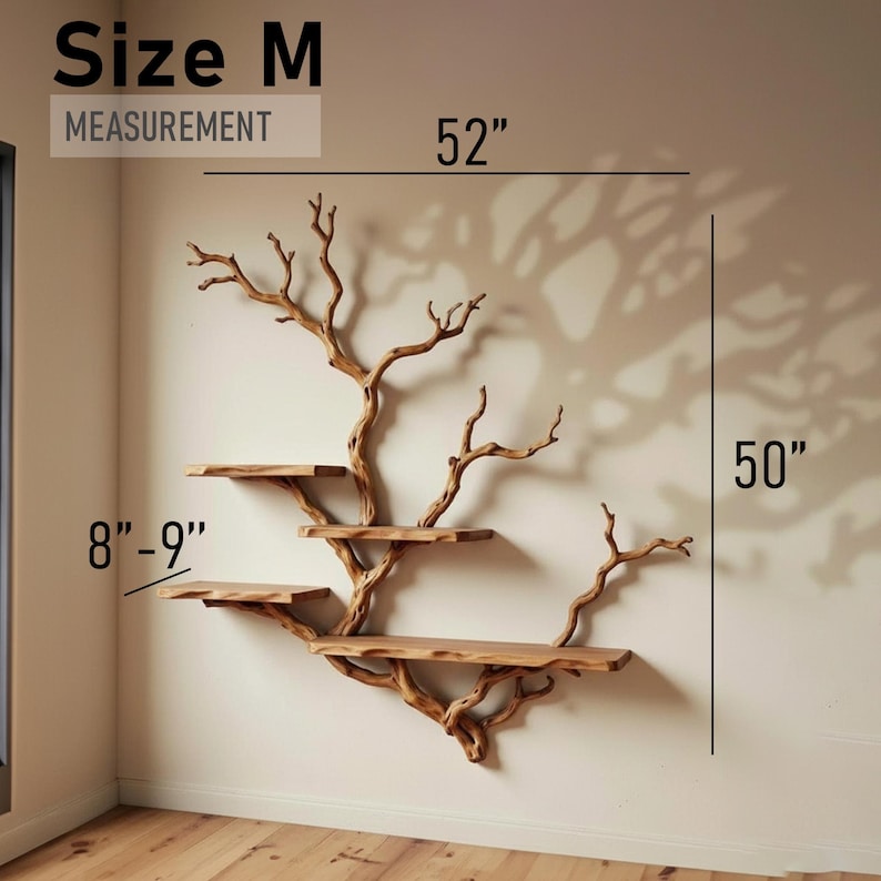 May include: A wooden wall shelf with a tree branch design. The shelf has three tiers and measures 52 inches wide and 50 inches high. The shelves are 8-9 inches deep. The text "Size M" and "MEASUREMENT" are in the top left corner.