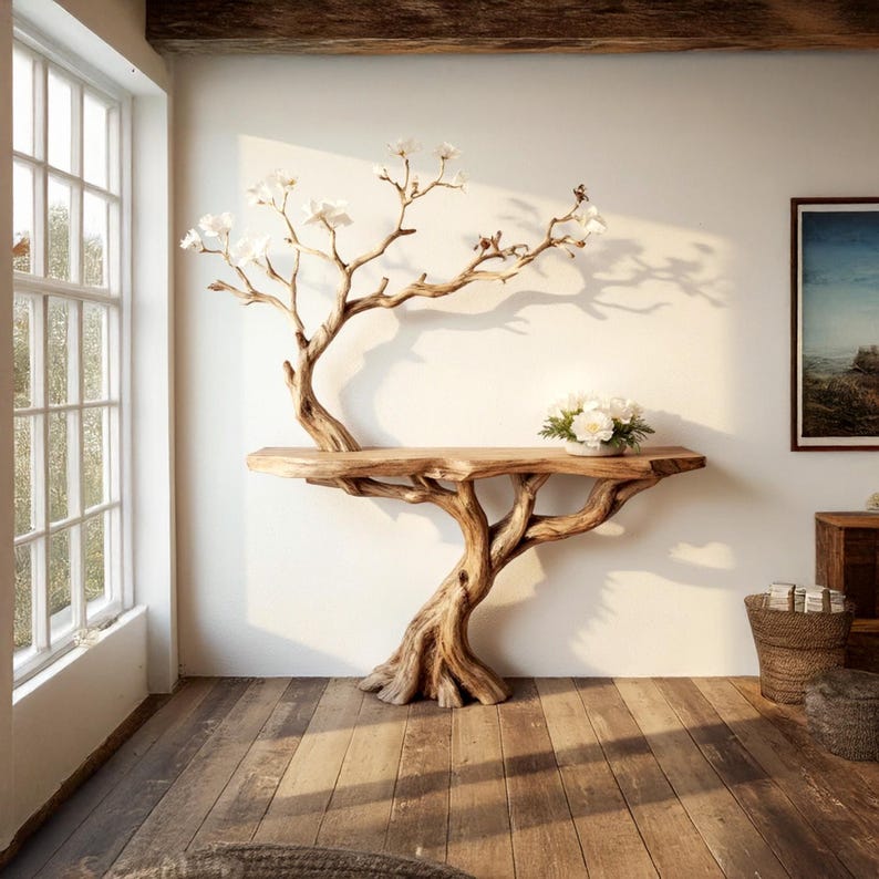Puede incluir: Una consola de madera con forma de &aacute;rbol con flores blancas en las ramas. La mesa tiene un acabado de madera natural y est&aacute; montada en la pared.