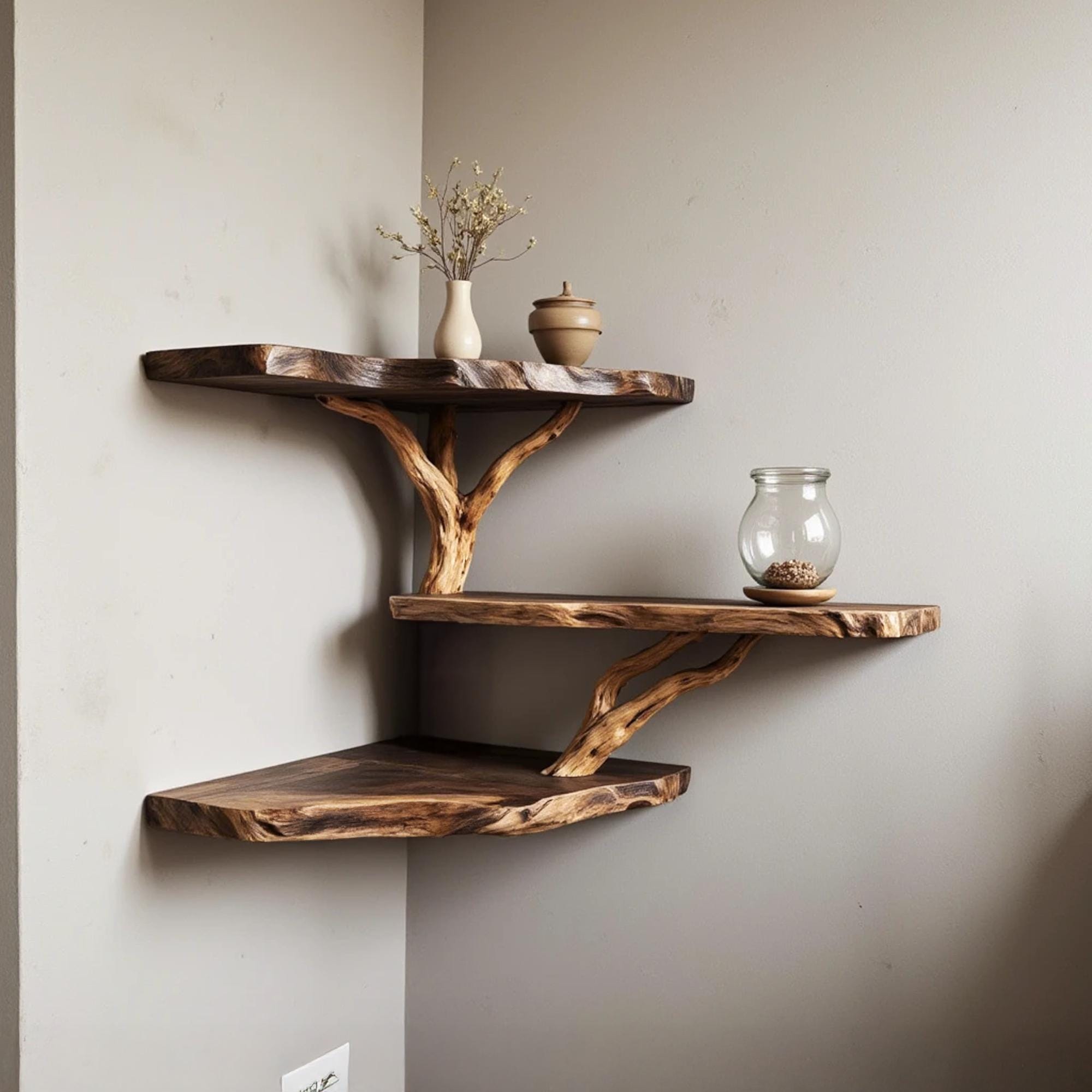 Driftwood Corner Wall Shelf Natural Solidwood Bookshelf Art Unique
